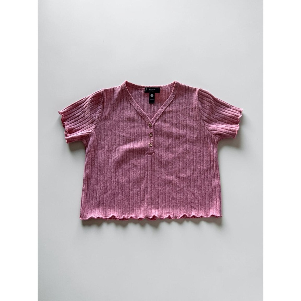 Aqua Girls Pink Ribbed Henley Top Short Sleeve Lettuce Edge Size L 10/12